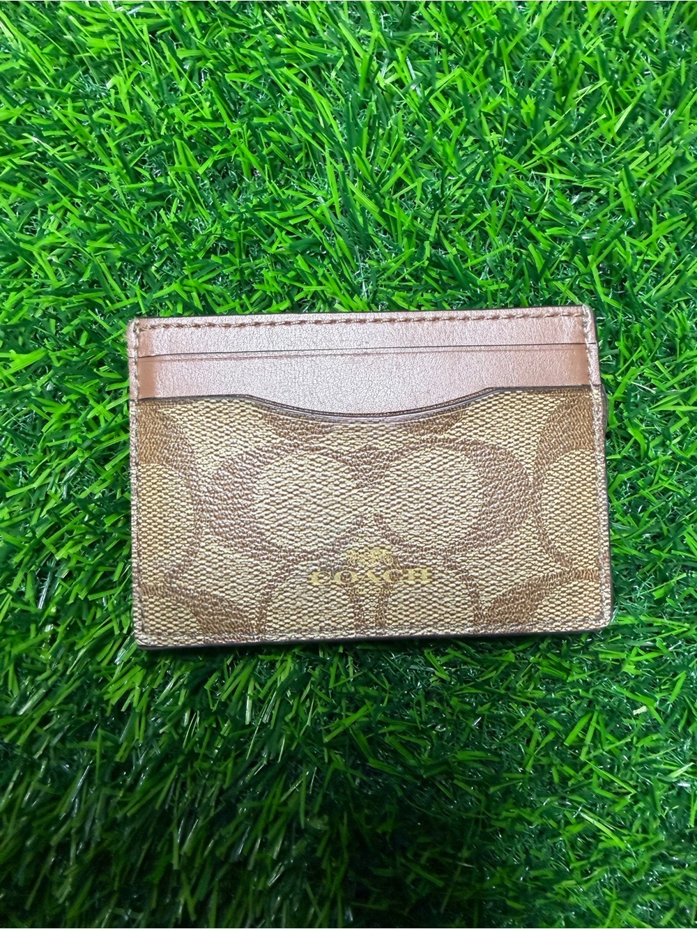 Coach Brown Signature Canvas Card Holder with Leather Trim